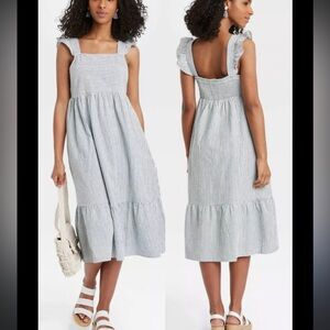 Universal Thread Striped Midi Sundress in Light Blue and White
